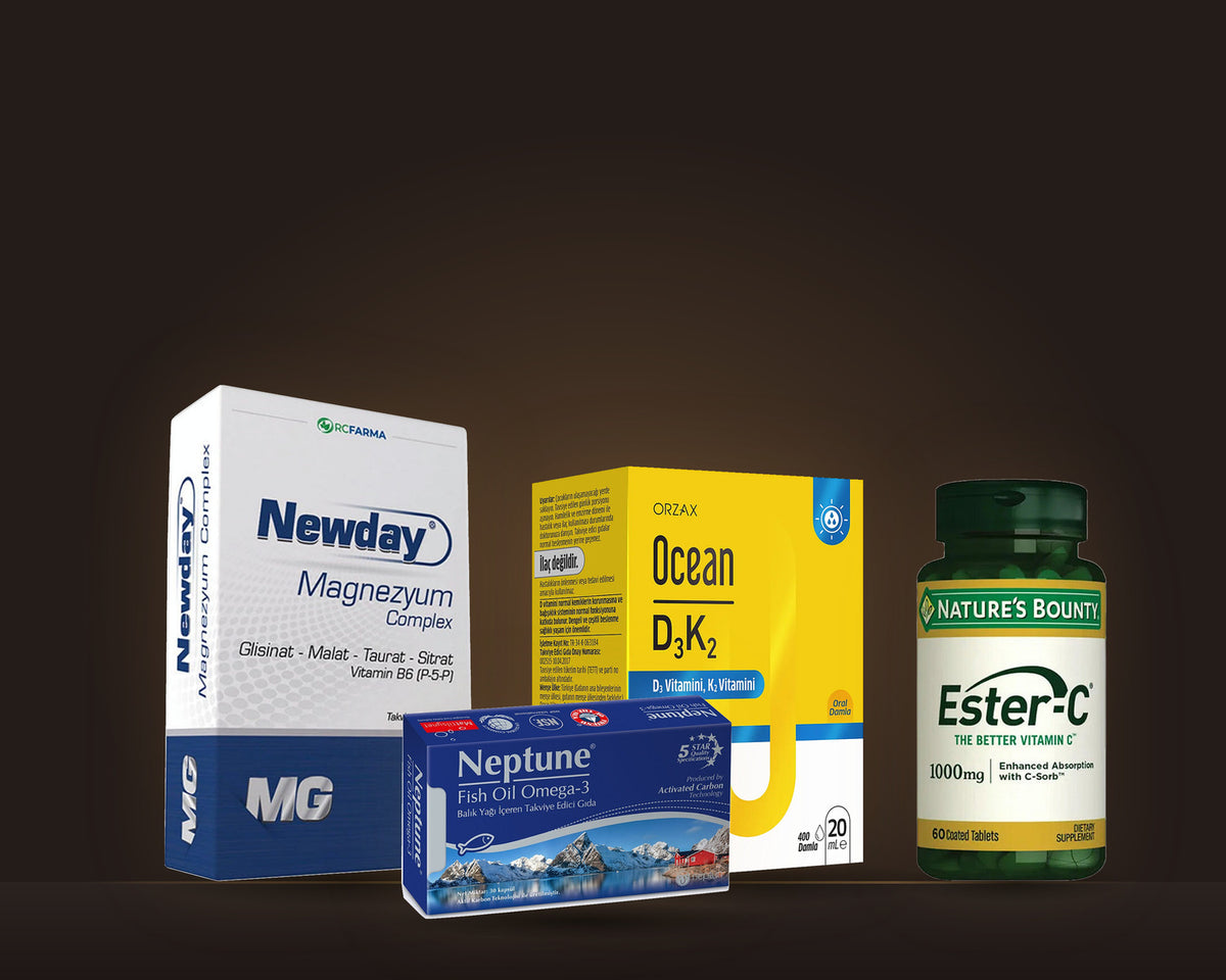 Vitamin ve Sağlık koleksiyonu — Newday magnezyum, Orzax D3K2, Nature's Bounty Ester-C, Neptune omega-3 (mobil)