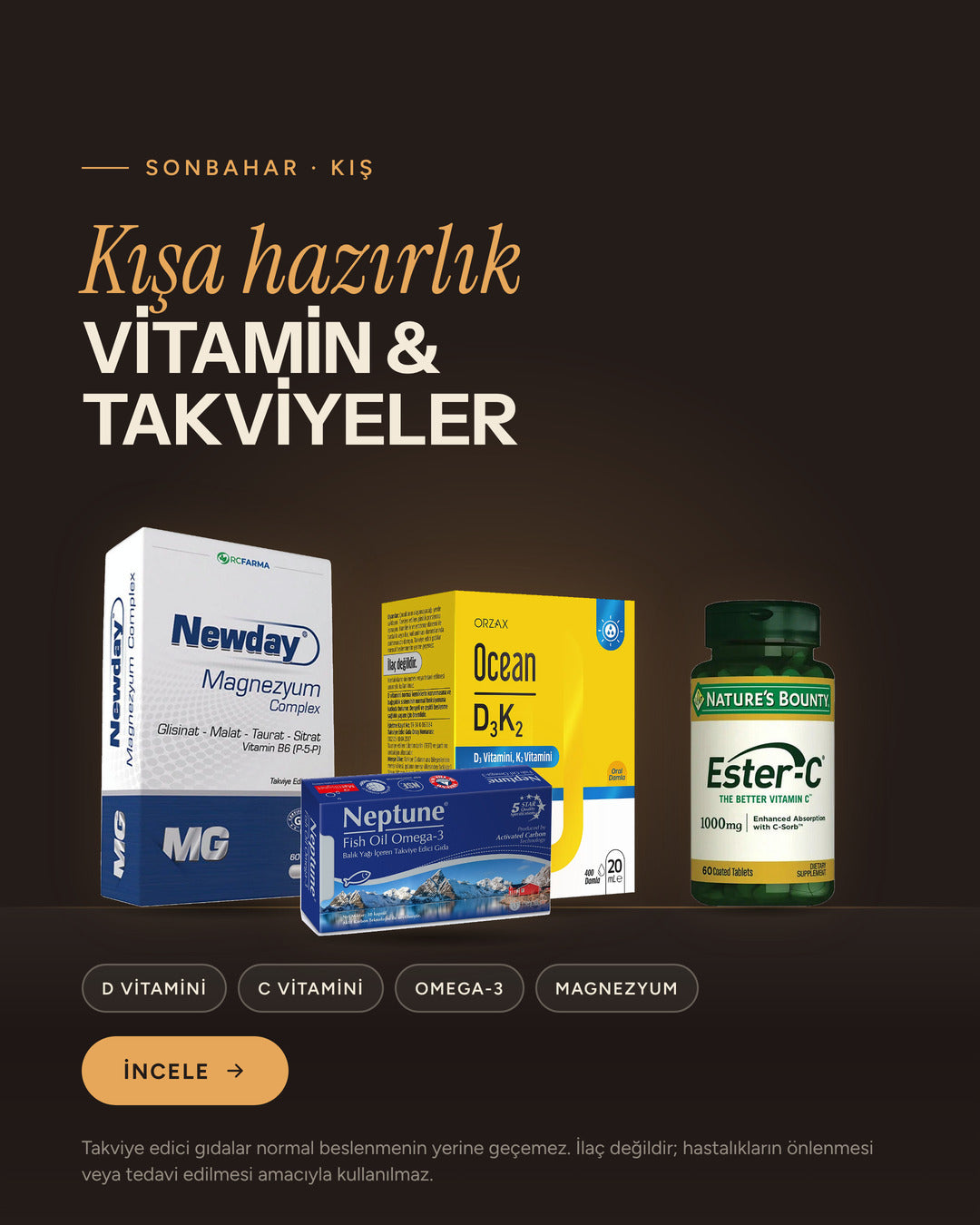 Kışa hazırlık — vitamin ve takviyeler: D vitamini, C vitamini, omega-3, magnezyum (mobil)