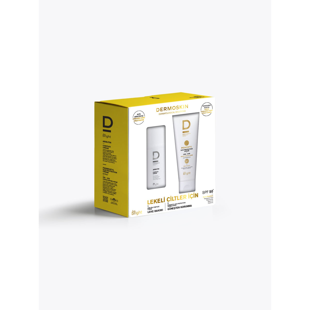 Dermoskin Be Bright Arbutin Kompleks Krem + Pigmentyl SPF50+ Güneş Kremi Set