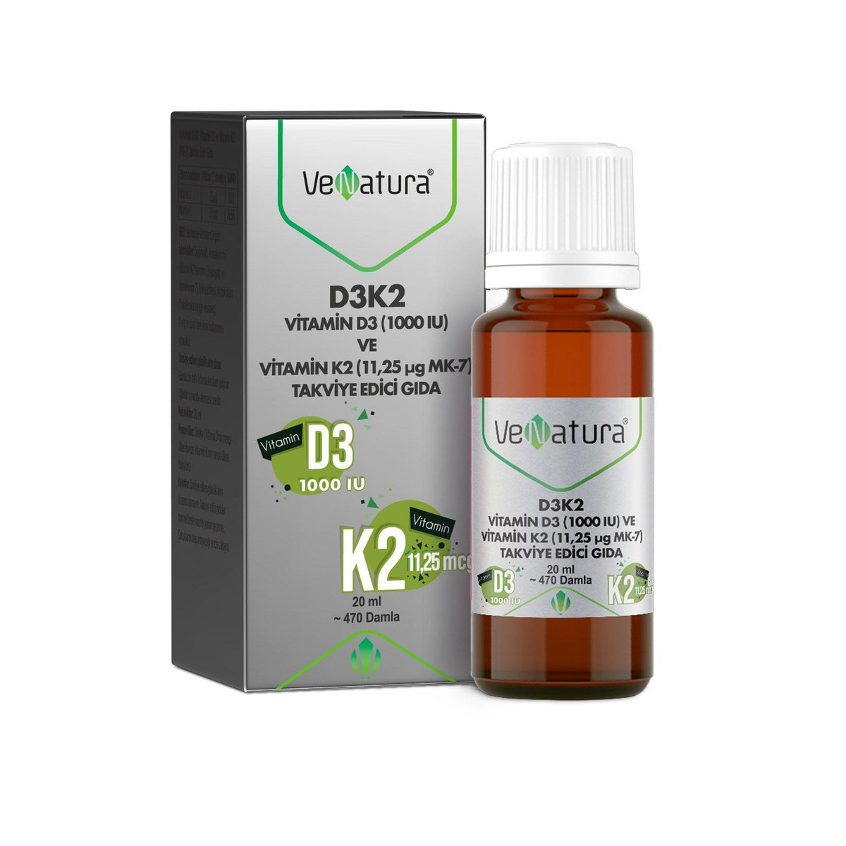 VeNatura D3K2 Vitamin D3 1000 IU ve Vitamin K2 MK-7 Damla 20 ml