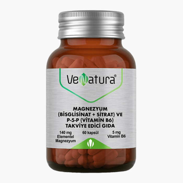 VeNatura Magnezyum (Bisglisinat+Sitrat) ve P5P (Vitamin B6) 60 Kapsül - Dermoderm